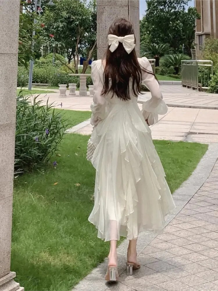 Vintage Fairy Chiffon Long Dress Women White Elegant French Party Midi Dress Puff Sleeve Casual Women's Clothing