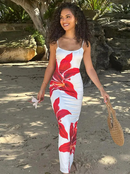 YESMYTOOL  -  Elegant Flower Printed Women Sling Maxi Dress Fashion Square Neck Sleeveless Backless Bodycon Dresses Summer Lady Beach Robes