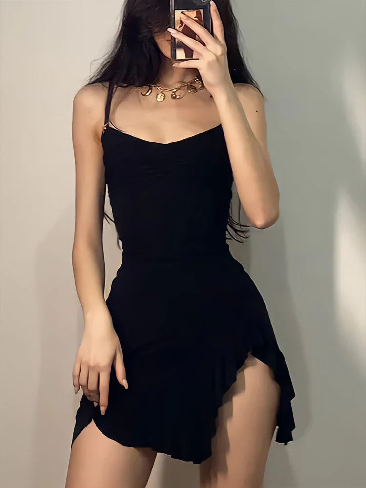 Summer Sexy Mini Dress Women Sleeveless Streetwear Strap Backless Bodycon Folds Split Dress Party Club Elegant A-LINE Dresses