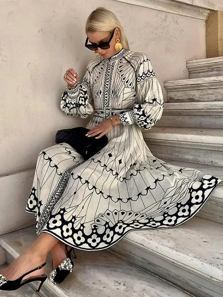 YESMYTOOL  -  Women Elegant Printed Midi Dress Casual O-neck Lantern Long Sleeve A-line Dresses Spring Female Chic High Street Robes 2024