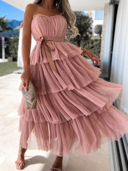 Spring Summer New Sexy Mesh Cake Dress Women Suspenders Deep V High Waist Dresses Elegant Solid Puff Party Dresses Vestidos