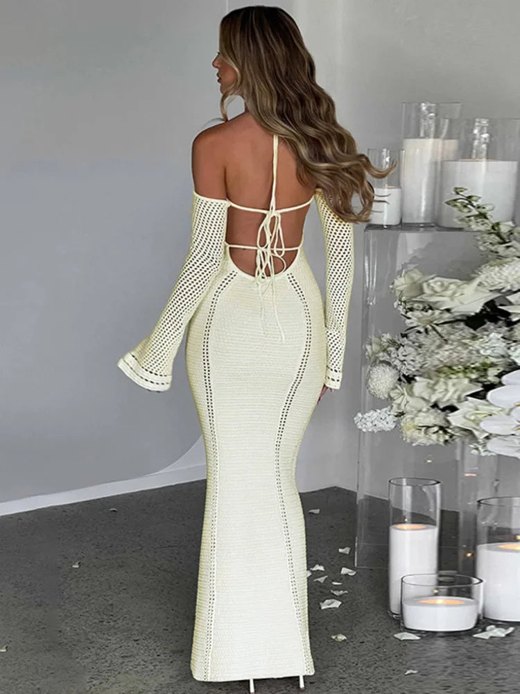 Hollow Out Backless Knitted Sexy Maxi Dress For Women Autumn New Off-shoulder Strapless Bodycon Long Dress Elegant