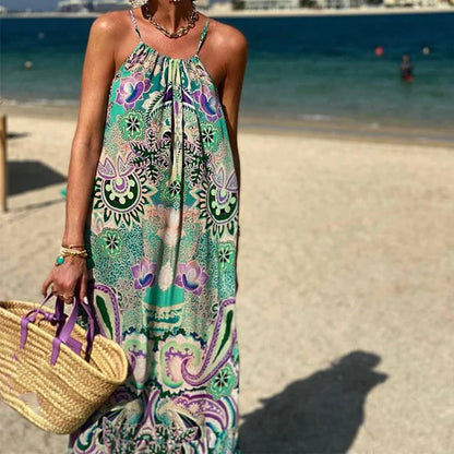 YESMYTOOL  -  Women Fashion Printing Sling Boho Long Dress Spring Halter Sleeveless Loose Party Dress Summer Casual Holiday Beach Maxi Dresses