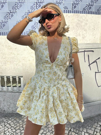 Sexy Deep V Neck Women's Dresses Summer Fashion A-line Dress Female High Waist Pleated Printed Beach Party Dresses