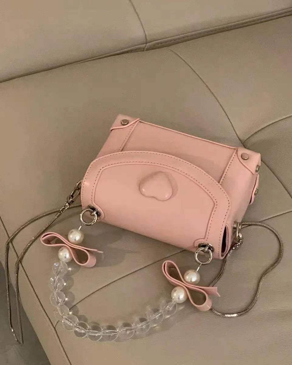 Sweet Pink Messenger Bag Women Fairycore Aesthetic Handle Pearl Chain Crossbody Bags Ladies Harajuku Heart Y2k Hand Bag