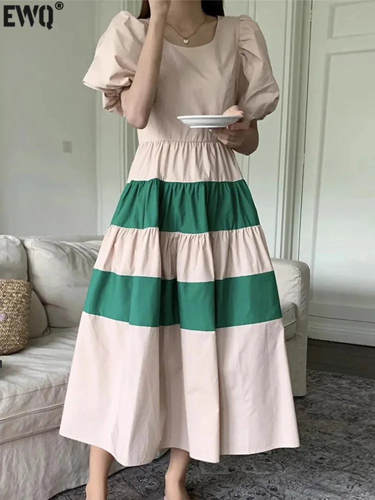 YESMYTOOL  -   Beautiful O Neck High Waist Loose Contrasting Color Patchwork Pleated Bubble Sleeve Women's Dress 2024 Spring Summer U9245