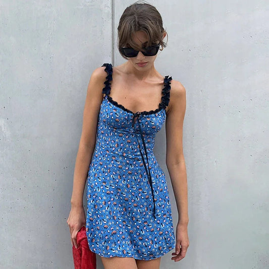 YESMYTOOL  -  Printed Wooden Ear Edge Camisole Dress Summer Fashion Lace Up Hollow Out Slim Fit Short Wrapped Hip Vestido For Women