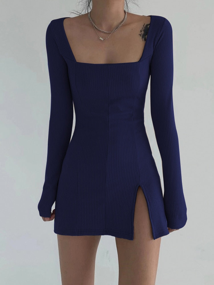 Elegant Square Neck Ribbed Black Dress Female Knitted Side Split Bodycon Dress Long Sleeve Fashion Mini Dresses Basic