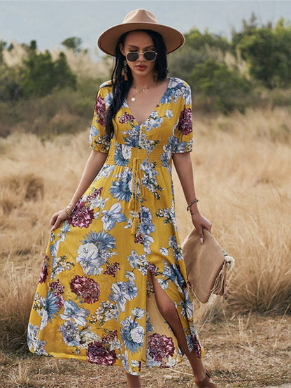 Spring Summer Long Floral Bandage Dress Women Sexy V Neck Slim High Waist Ladies A Line Print Maxi Dresses