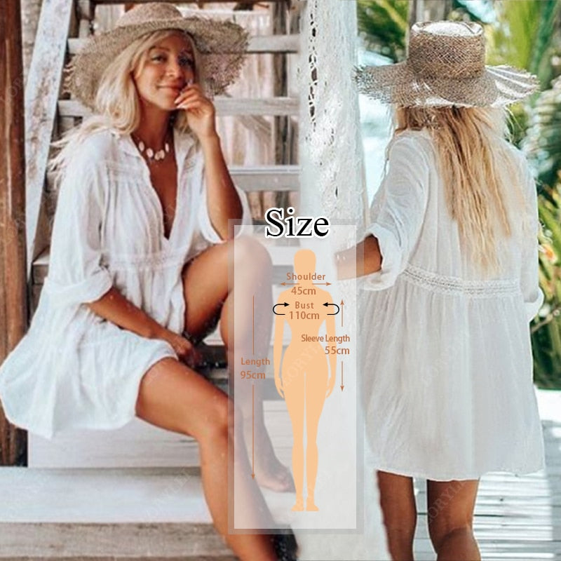 Women Swimsuit Cover Ups Mandarin Sleeve Kaftan Beach Tunic Dress Robe De Plage Solid White Pareo Beach Cover-ups dingdamall mid size graduation outfit romantic style teen swag clean girl ideas 90s latina aesthetic