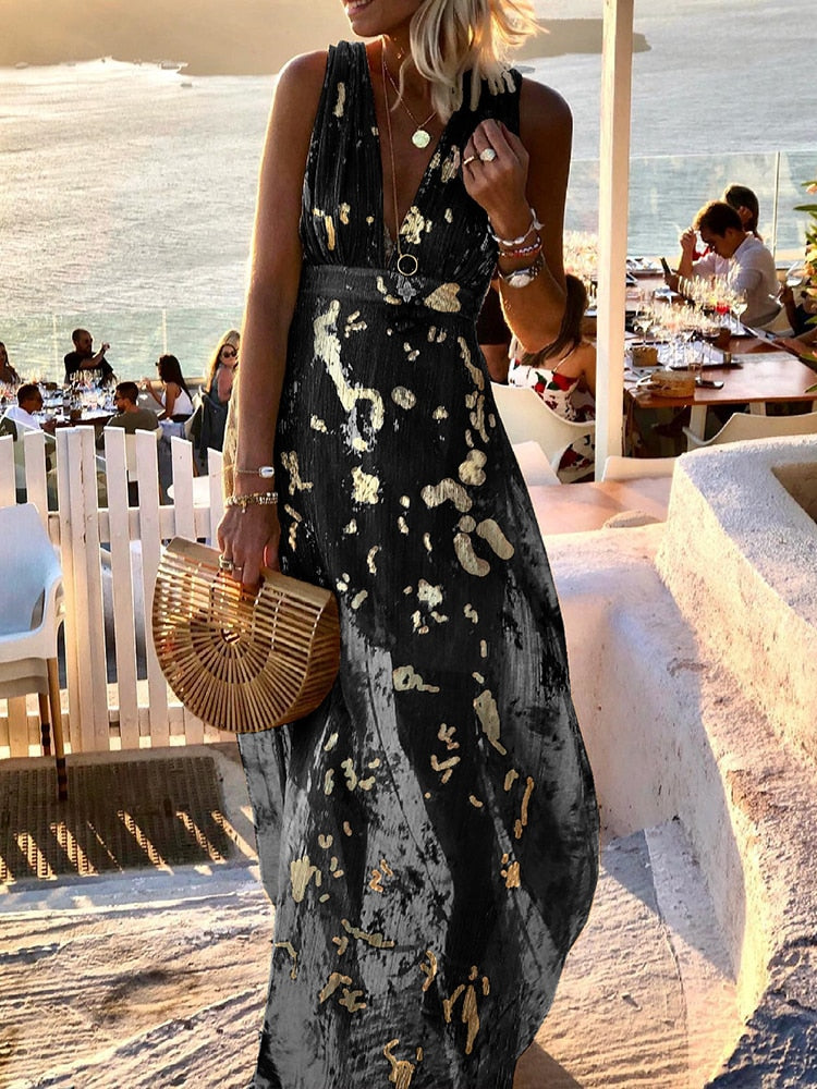 Summer Hollow High Waist Hem Tank Dress Elegant Gold Print Sleeveless Long Dress Sexy Deep V Neck Off Shoulder Boho Party Dress