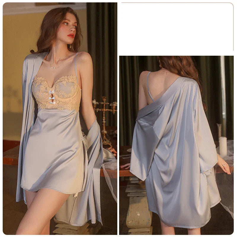 YESMYTOOL  -  Sweet Women Pajamas Bathrobe Backless Suspender Nightdress Sexy V Neck Lace Silk Nightgown Robe Set Temptation Female Homewear