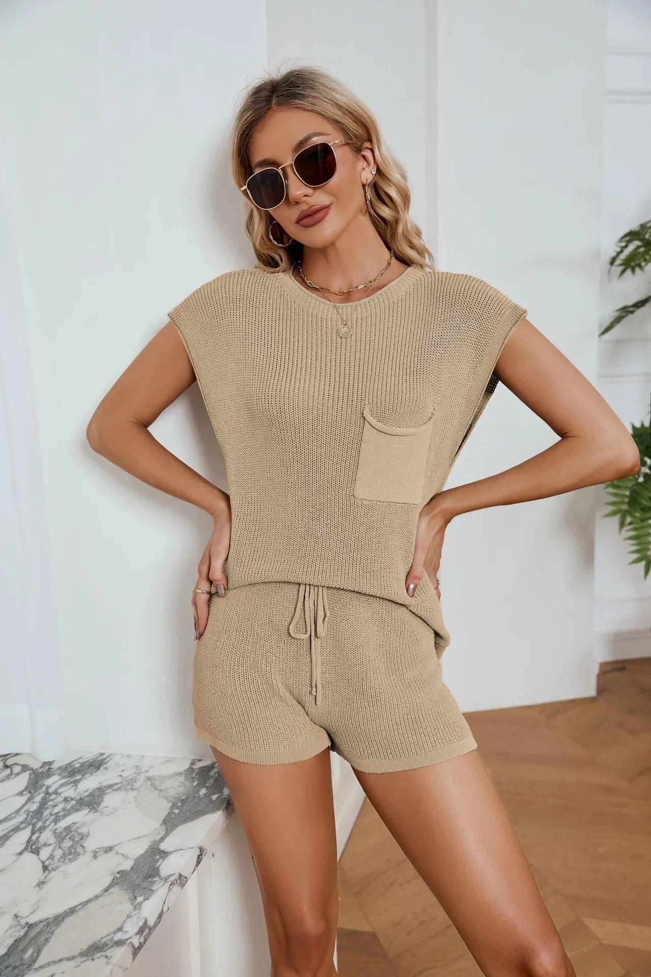 dingdamall  -  Solid Knitted 2 Piece Sets Women top and shorts Stretchy summer Matching sets boho beach holiday short sets