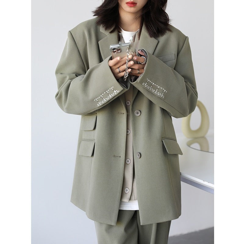 Women Office Lady Blazer Cuff Embroidery Wide Shoulder Twill Suit Women's Autumn Ladies Outerwear  Stylish Tops