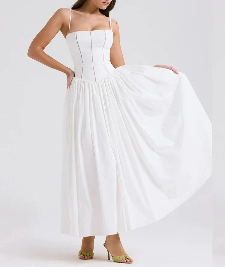 Elegant White Sundress Spaghetti Strap Backless Midi Dress For Women Fashion Sleeveless A-line Loose Long Dress New