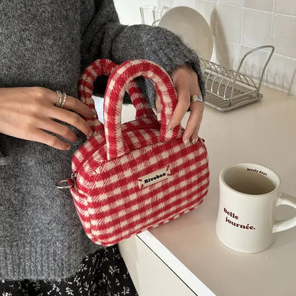 Vintage Cute Handbag for Women Red Plaid Letter Soft Kawaii Crossbody Bag Autumn Winter New Luxury Designers Shoulder Bag