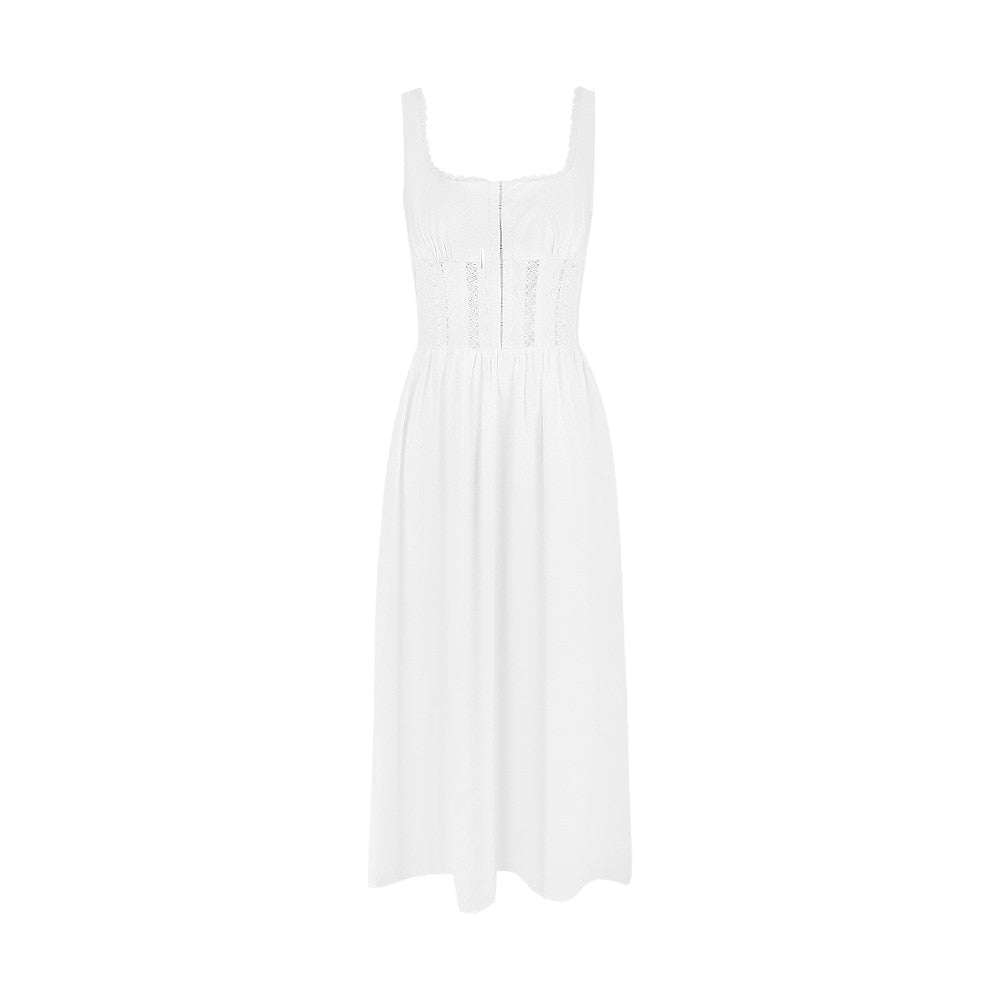 Summer Square Neck Sleeveless White Holiday Dress Elegant Lace Hollow Out A Line Party Dress with Lining Dress