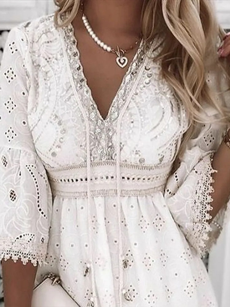 Summer Boho Dress Women Beach Sundress Fashion Embroidery Hollow Out Lace Up Mini Dress Female White Lace Holiday Dress