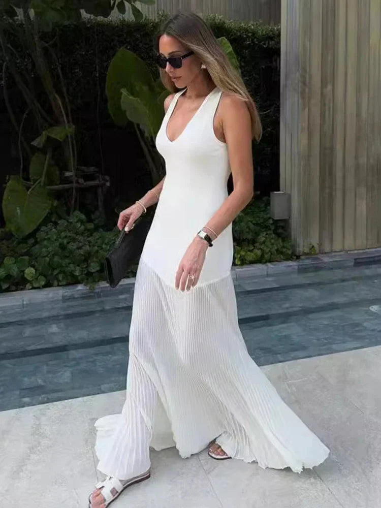 Knitted V-neck Elegant Long Dress Sexy Sleeveless Slim Stitching Folds Beach Vacation Female White Dress Knitwear Outfits