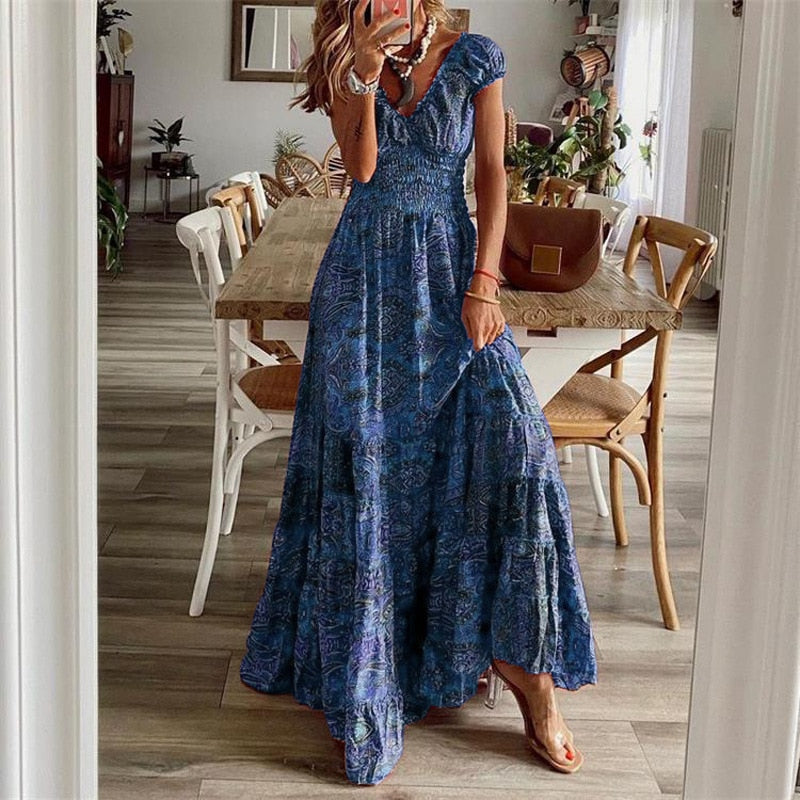 Summer Vintage Long Dresses Women Bohemian Elegant Floral Print V Neck Robe Beach Holiday Casual Big Swing Maxi Dresses