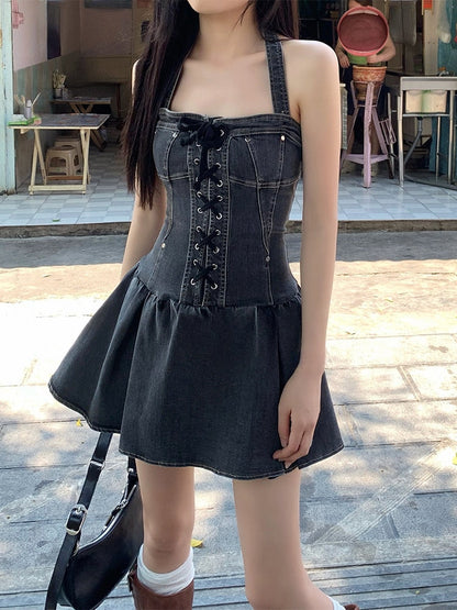 Summer Sexy Sleeveless Slim Denim Dress Woman Vintage Strap Y2k Mini Dress Party One Piece Dress Korean Fashion Design