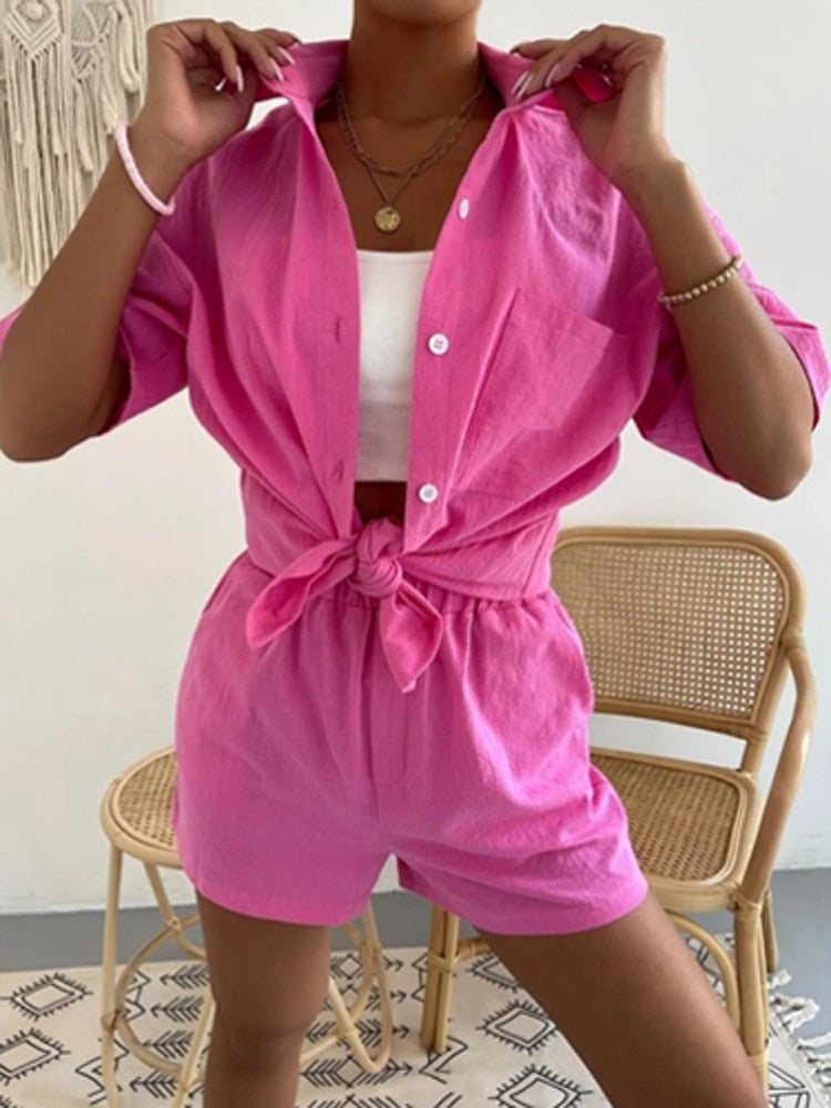 Summer Casual Ladies 2 Piece Fashion Short Sleeve Lapel Cardigan Tops and Elastic Waist Pocket Shorts Set Solid Loose Women Suit