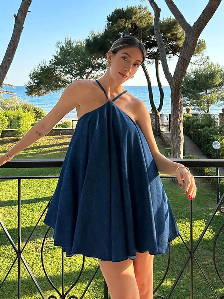 YESMYTOOL  -  Sexy Blue Pleated Halter Mini Dress Fashion Backless Sleeveless Loose A-line Dresses 2024 Summer Lady Chic Beach Vacation Robes