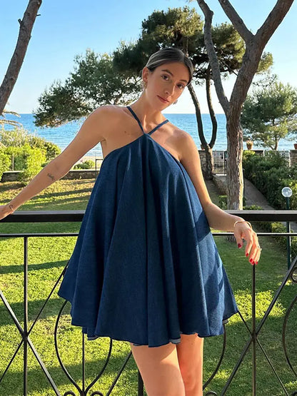 YESMYTOOL  -  Sexy Blue Pleated Halter Mini Dress Fashion Backless Sleeveless Loose A-line Dresses 2024 Summer Lady Chic Beach Vacation Robes