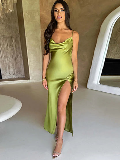 Stretch Satin Backless Maxi Dress For Women Robe Summer Spaghetti Strap Sleeveless Backless High Split Sexy Long Dress