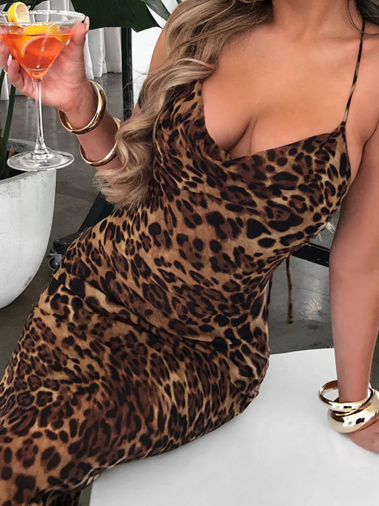 Elegant Leopard Print Maxi Dress For Women Summer Sexy Club Party Dresses Female Spaghetti Strap Sleeveless Long Dress