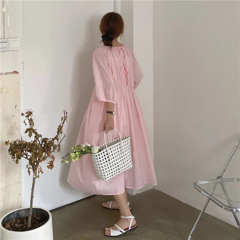 YESMYTOOL  -  Causal Puff Sleeve Cotton Dress Women Round Neck A-line Long Dresses Loose Birthday Party Dress Korean Fashion Beach Sundress