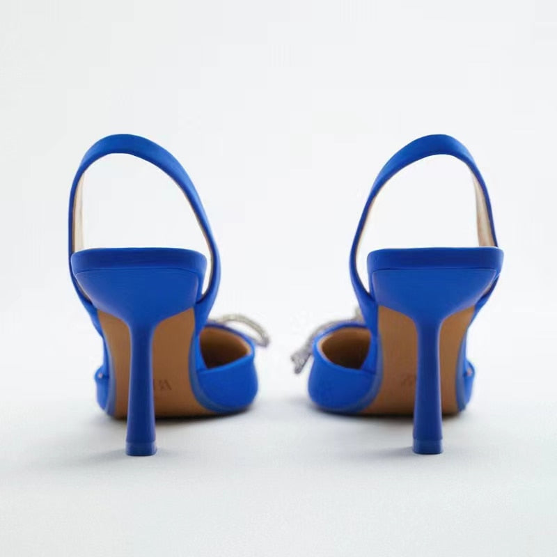 Women Blue Slingback Pumps High Heels Crystal Bowknot Party Dress Shoes Woman Sexy Pointed Toe Stiletto Heel Sandals Summer