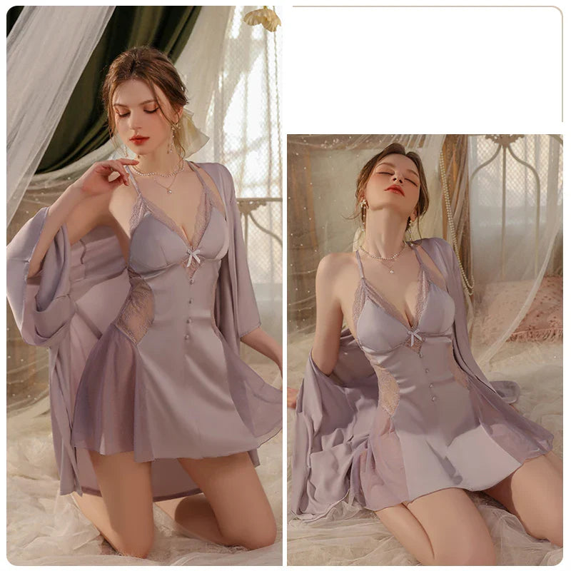 YESMYTOOL  -  Elegant Sexy Pajamas Women Sleepwear Night Gown Robe Set Ice Silk Sling Nightdress Lingerie Female Homewear Bathrobe Babydoll