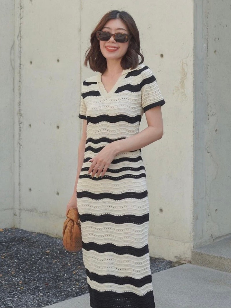 Striped Summer Long Knitted Dresses Women V Neck Sexy Beach Bodycon Dress Elegant Pink Knit Short Sleeve Maxi Dresses For Women