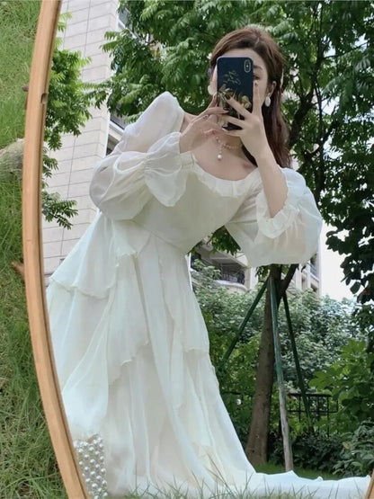 Vintage Fairy Chiffon Long Dress Women White Elegant French Party Midi Dress Puff Sleeve Casual Women's Clothing