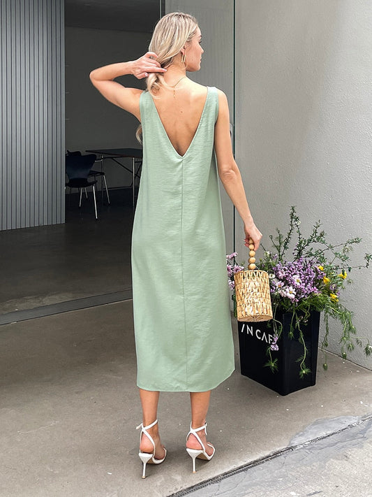 Summer Women Solid White V Neck Sleeveless Fashion Dress Split Tank Dress