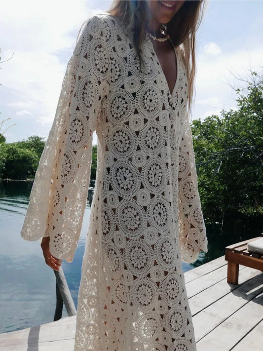 YESMYTOOL  -  Women Casual Embroidery Hollow Out Midi Dress Spring Loose V-neck Flare Long Sleeve Dresses 2024 Lady Solid Beach Holiday Robes