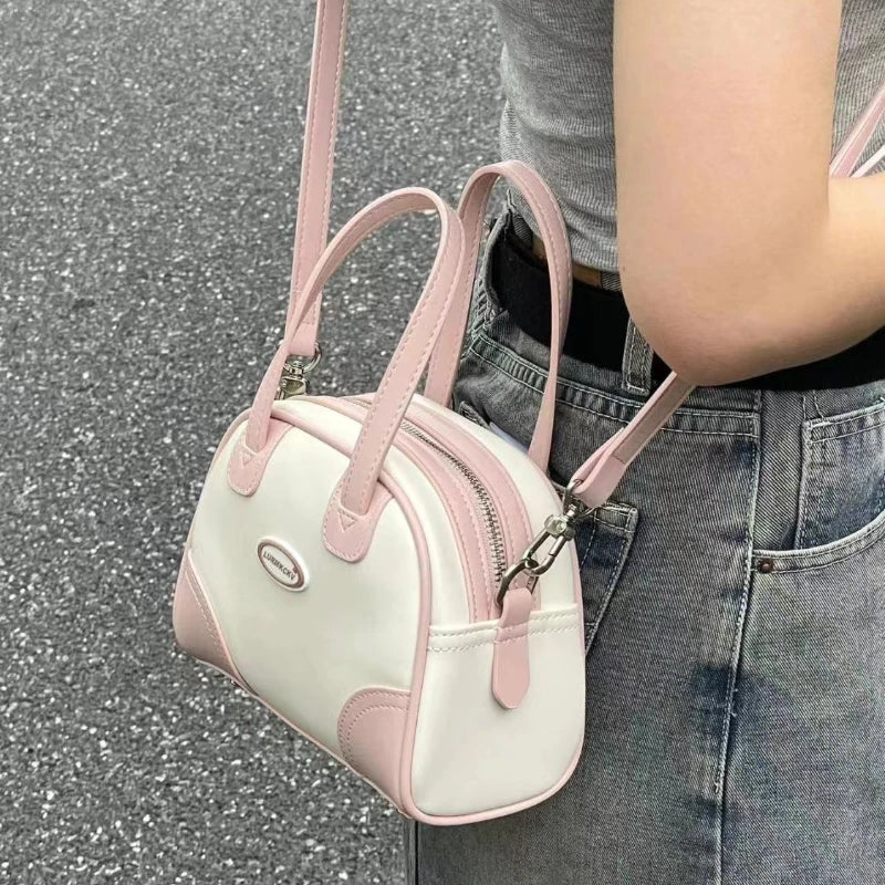 Sweet Cute Handbags for Women Pu Leather Letter Pink White Boston Crossbody Bag New Vintage Elegant Bowling Shoulder Bag