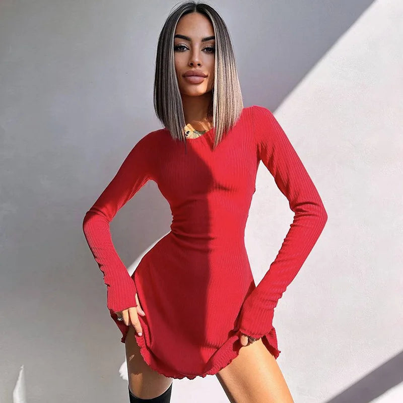 Ribbed Long Sleeve Sexy Mini Dress For Women Autumn Winter New O Neck Bandage Lace-up Fashion Elegant Dress Vestidos