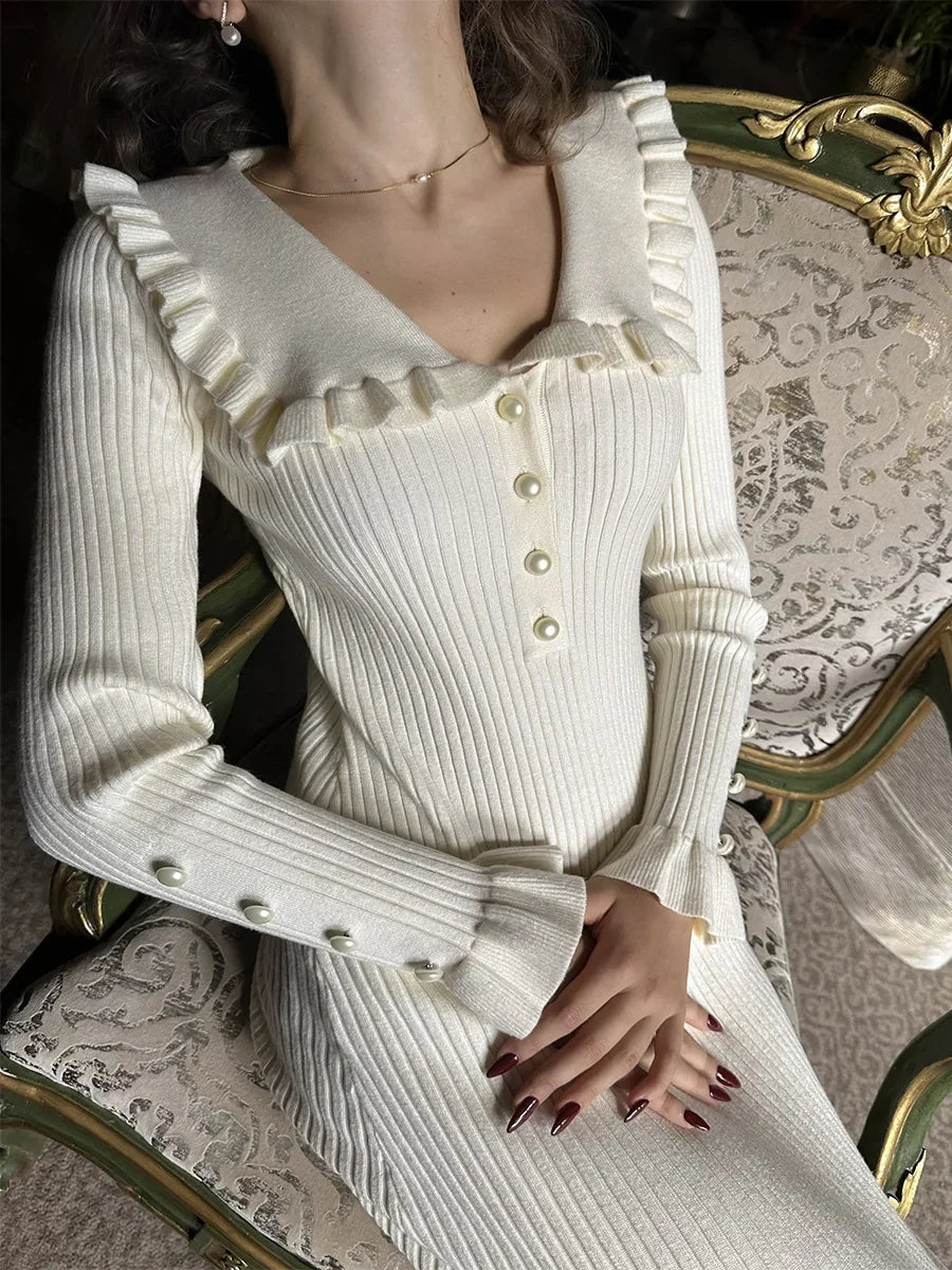 YESMYTOOL  -  Ruffle Knitted  Maxi Dress Elegant French Style  Autumn Winter Slim Long Sleeve High Waist Button Vintage Dresses Partywear