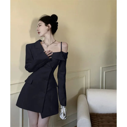 Chic Korean Fashion Dress Women Elegant Temperament Off Shoulder Dresses Spring 2023 Irregular Slim Button Up Blazer Dress