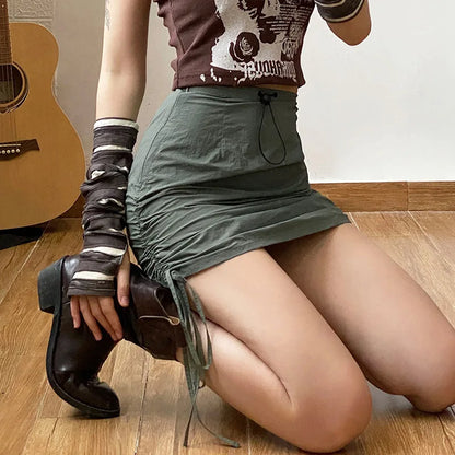 Army Green Retro Pleats All-Match Sexy Mature Hot Self-Cultivation Feminine Street Outing Women'S Short Skirt