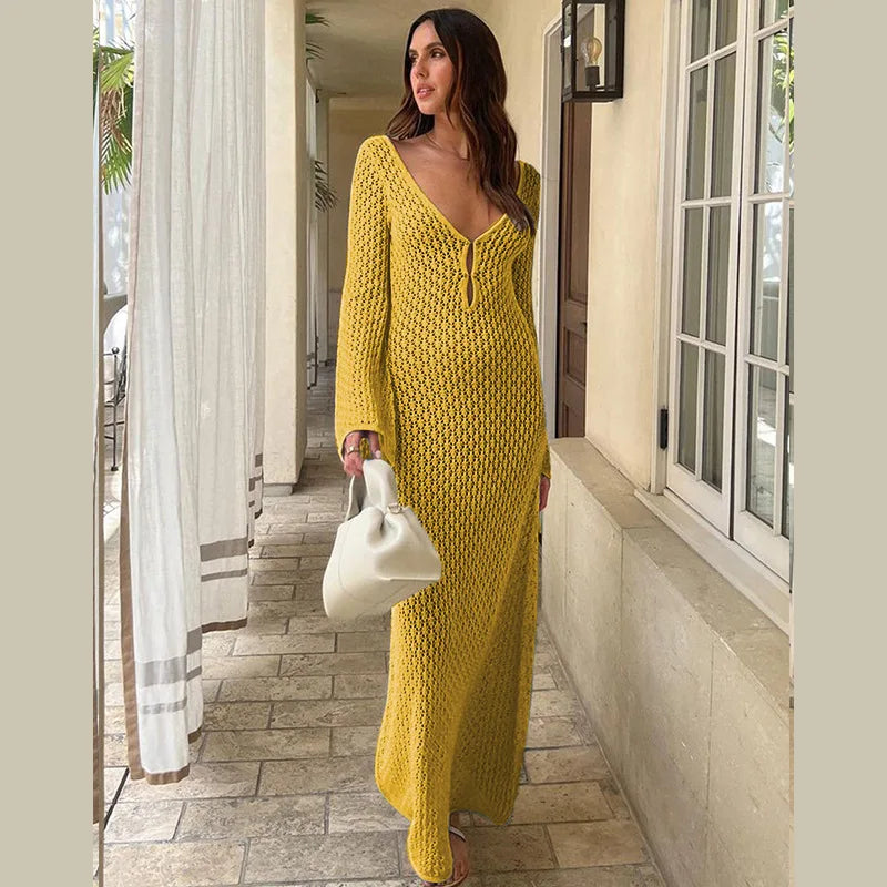 YESMYTOOL  -  Knitted Hollow Beach Cover-Ups 2024 Summer Women Sexy Soild Color Long Sleeve Sunscreen Long Dress Party Vocation Swimwear