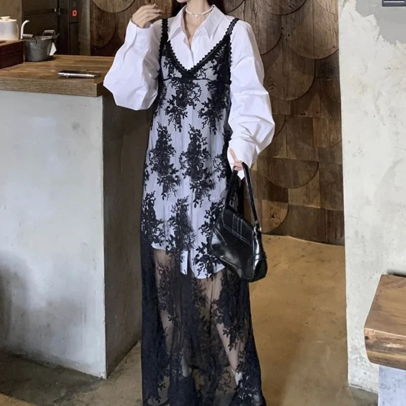 YESMYTOOL  -  Floral Lace Black Transparent Dresses Women Sexy Long Dress Korean Sleeveless Holiday Dress Vacation Streetwear Party