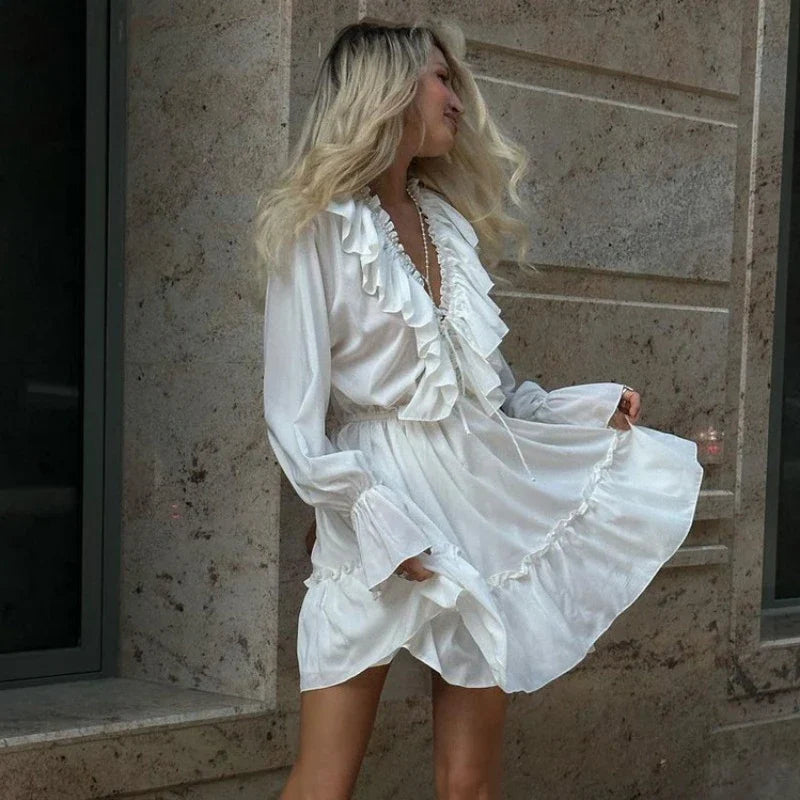 Deep V Neck Folds Dress Women Fashion Ruffle White Loose Long Sleeve Dresses Femme Street Casual Elegant Mini Dress Woman