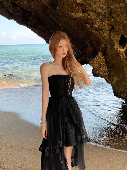 Summer Casual Beach Strap Dress Women Lace Sleeveless Elegant White Y2k Dress Female Black One Piece Dress Korean Fashion