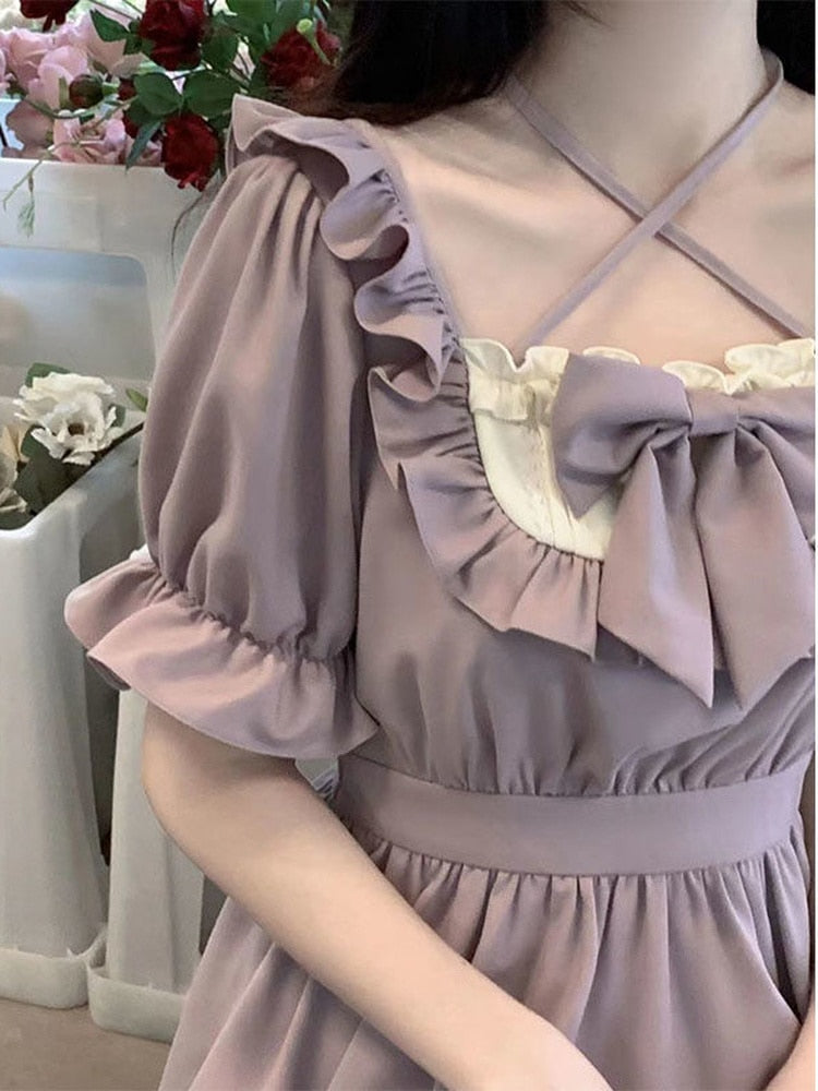 Sweet Kawaii Lolita Dress Women Japanese Cute Ruffles Wrap Puff Sleeve Halter Short Dresses Summer Bow Soft Girls