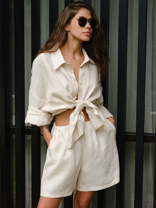 dingdamall  -  2024 Summer Cotton Linen Top Shorts Two Piece Short Set Women Loose Suit Oversize Shirts Shorts Set For Women Casual 2 Piece Set