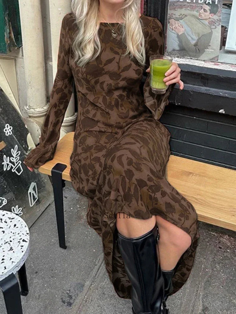 Print Retro Dress for Women Fashion Bodycon High Waist Maxi Dresses Women's Autumn Street Slim Long Dress Femme New Sexy Dress