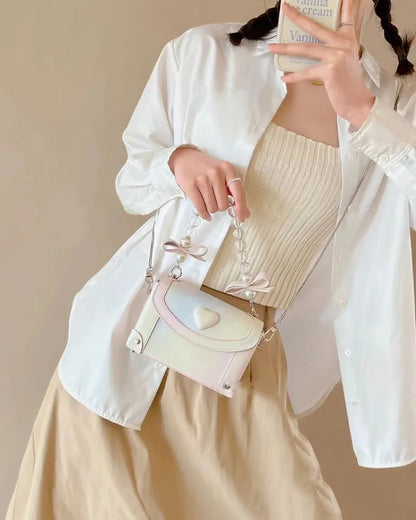 Sweet Pink Messenger Bag Women Fairycore Aesthetic Handle Pearl Chain Crossbody Bags Ladies Harajuku Heart Y2k Hand Bag